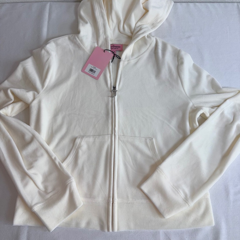 Juicy Couture Velour zip up Hoodie Large Oyster NEW Rhinestone Logo Y2K pockets